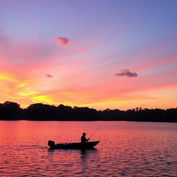 A serene sunset over a calm lake, with vibrant orange, pink, and purple hues reflecting off the water's surface