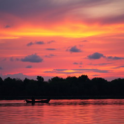 A serene sunset over a calm lake, with vibrant orange, pink, and purple hues reflecting off the water's surface