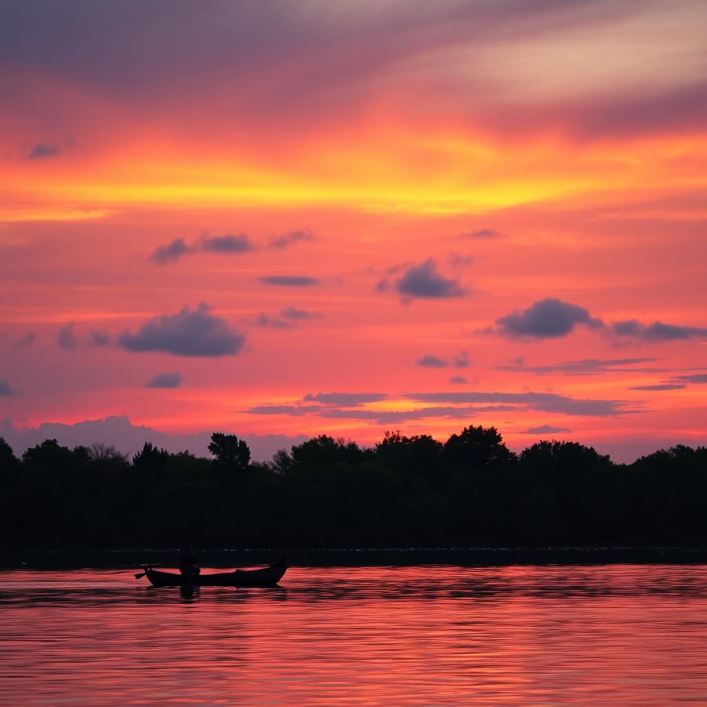 A serene sunset over a calm lake, with vibrant orange, pink, and purple hues reflecting off the water's surface