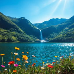 A serene landscape featuring a tranquil lake surrounded by lush, verdant mountains under a clear blue sky