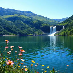 A serene landscape featuring a tranquil lake surrounded by lush, verdant mountains under a clear blue sky