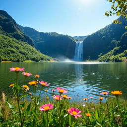 A serene landscape featuring a tranquil lake surrounded by lush, verdant mountains under a clear blue sky