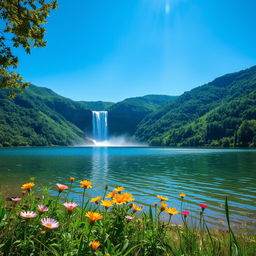 A serene landscape featuring a tranquil lake surrounded by lush, verdant mountains under a clear blue sky
