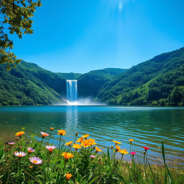 A serene landscape featuring a tranquil lake surrounded by lush, verdant mountains under a clear blue sky