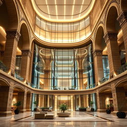 A magnificent and luxurious building design that blends post-modern and traditional Iranian architecture, featuring curved lines and inspiration from Persepolis