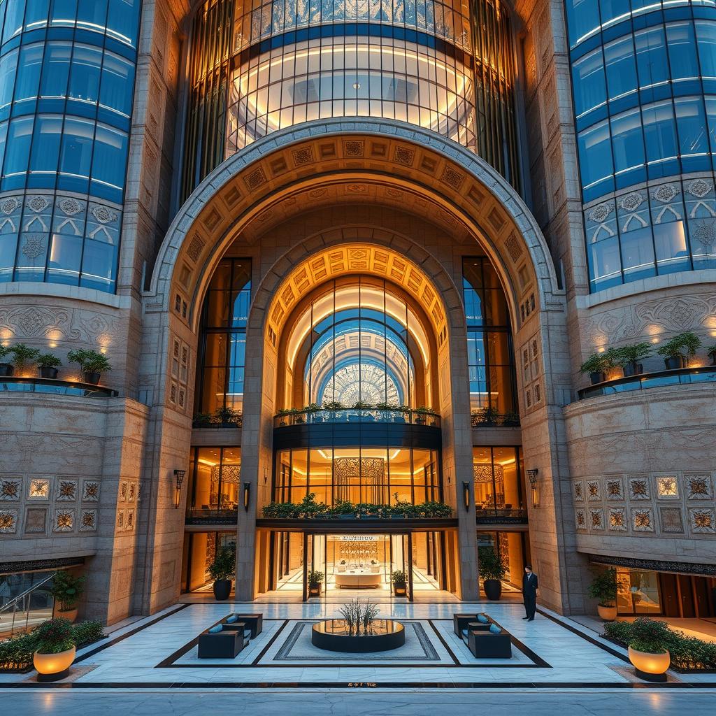 A magnificent and luxurious building design that blends post-modern and traditional Iranian architecture, featuring curved lines and inspiration from Persepolis