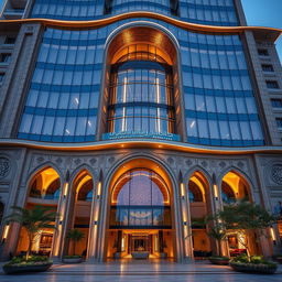 A magnificent and luxurious building design that blends post-modern and traditional Iranian architecture, featuring curved lines and inspiration from Persepolis