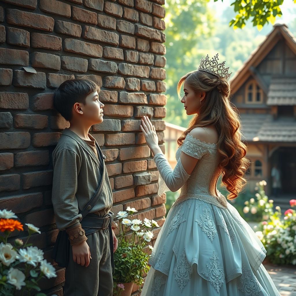 A brick wall stands tall between a commoner and a princess, both facing the wall from opposite sides