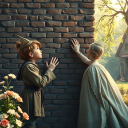 A brick wall stands tall between a commoner and a princess, both facing the wall from opposite sides