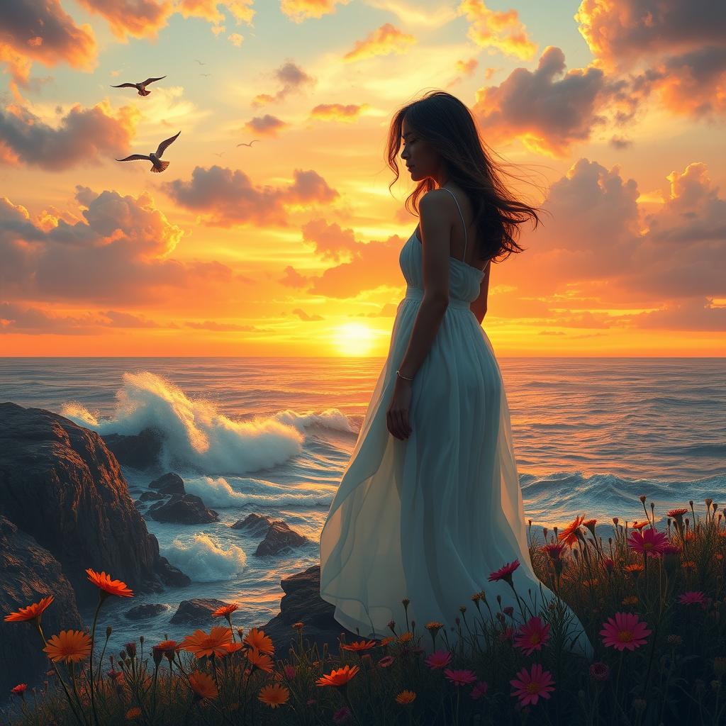 A deeply emotional scene depicting a person standing on a cliff at sunset, looking out over the ocean
