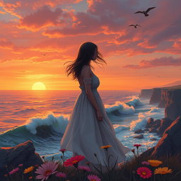 A deeply emotional scene depicting a person standing on a cliff at sunset, looking out over the ocean