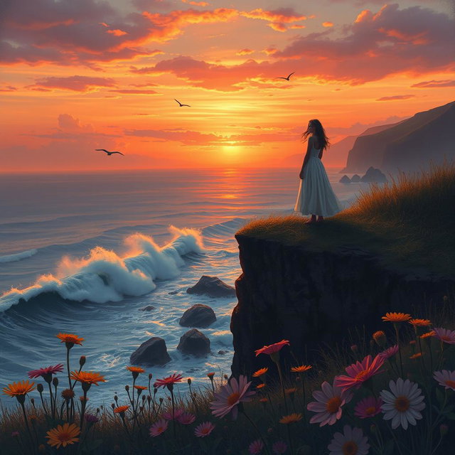A deeply emotional scene depicting a person standing on a cliff at sunset, looking out over the ocean