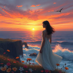 A deeply emotional scene depicting a person standing on a cliff at sunset, looking out over the ocean