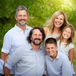 A heartwarming scene of a happy man beaming with joy in a group pose with his smiling family in a comfortable, natural setting.