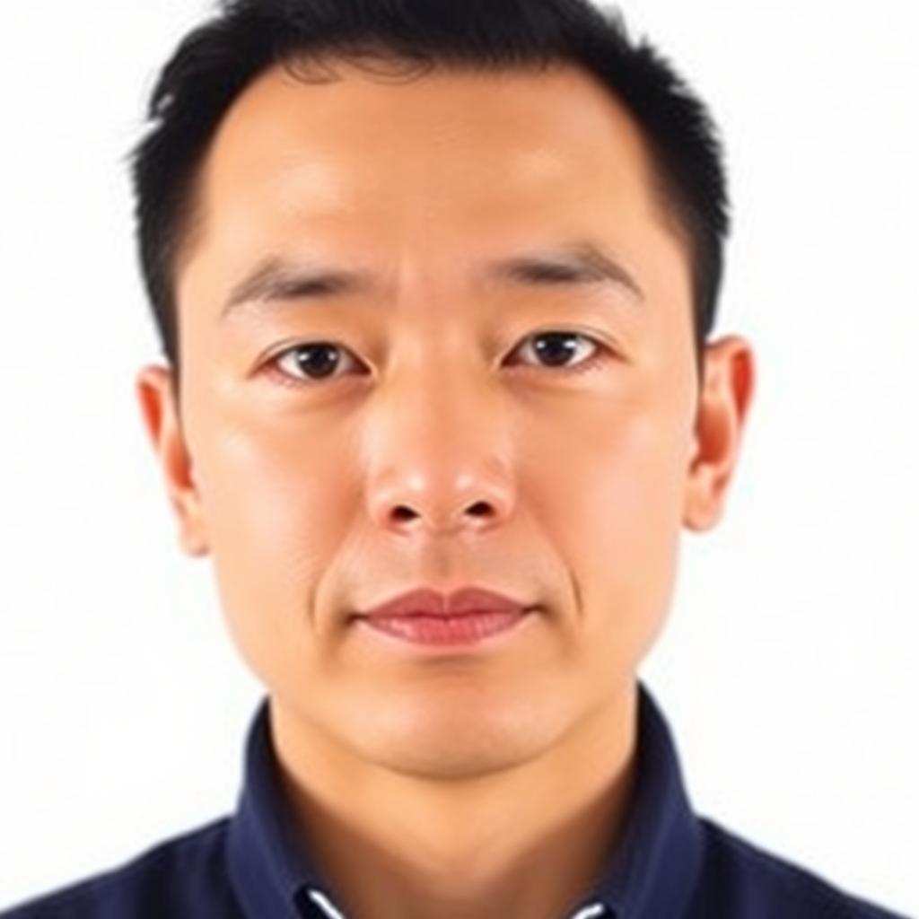 A passport photo featuring a person with a neutral expression, looking directly at the camera