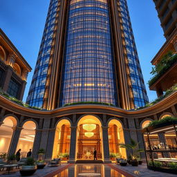 A magnificent and luxurious high-rise building designed with a blend of postmodern and traditional Iranian architecture, featuring curved lines and inspired by the ancient Persepolis