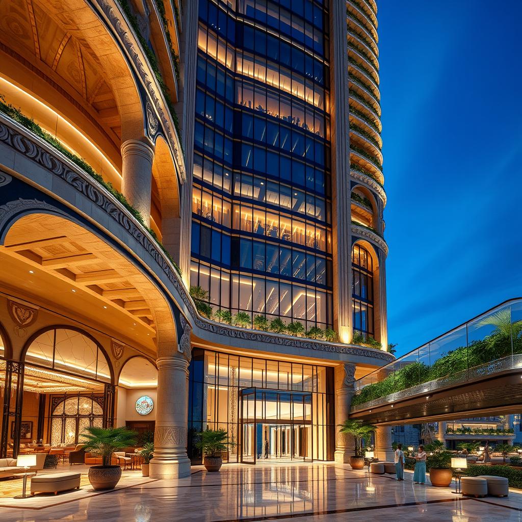 A magnificent and luxurious high-rise building designed with a blend of postmodern and traditional Iranian architecture, featuring curved lines and inspired by the ancient Persepolis