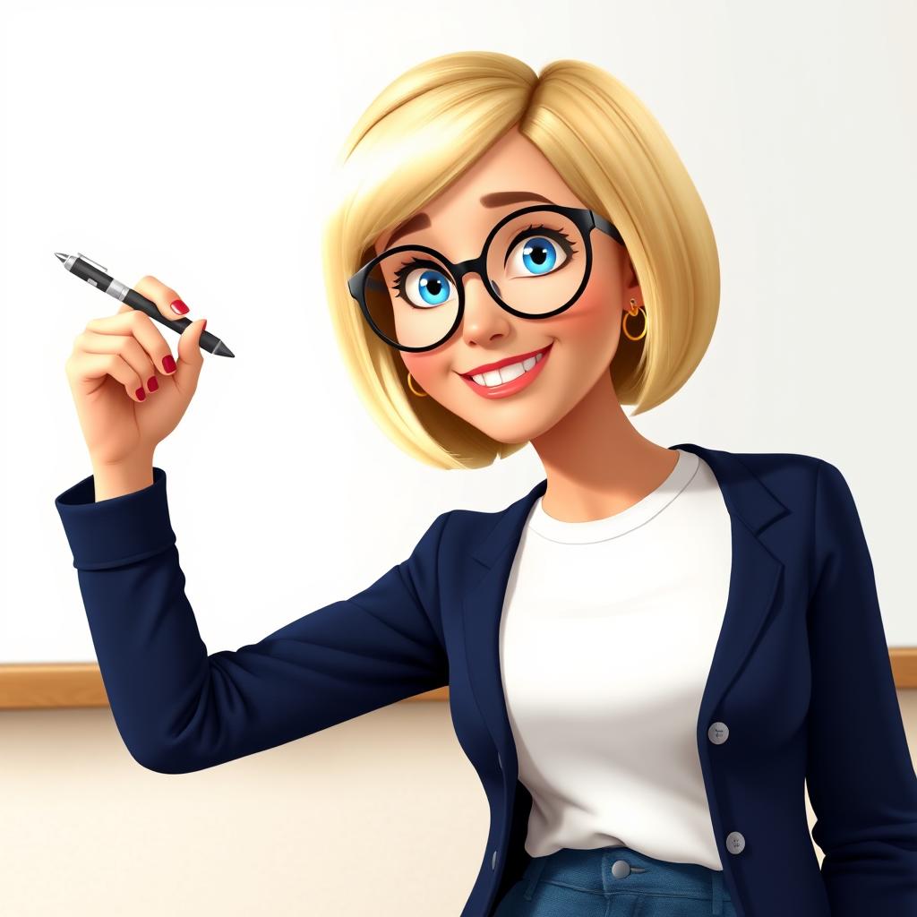 A Disney Pixar-style character of a pretty female teacher, age 50, showcasing a SHORT bob haircut with blond highlights and bright blue eyes