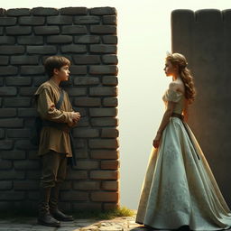 A scene depicting a brick wall standing tall and imposing, separating a commoner and a princess of the same age