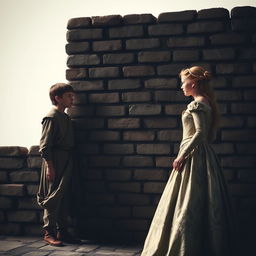 A scene depicting a brick wall standing tall and imposing, separating a commoner and a princess of the same age