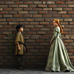 A scene depicting a brick wall standing tall and imposing, separating a commoner and a princess of the same age