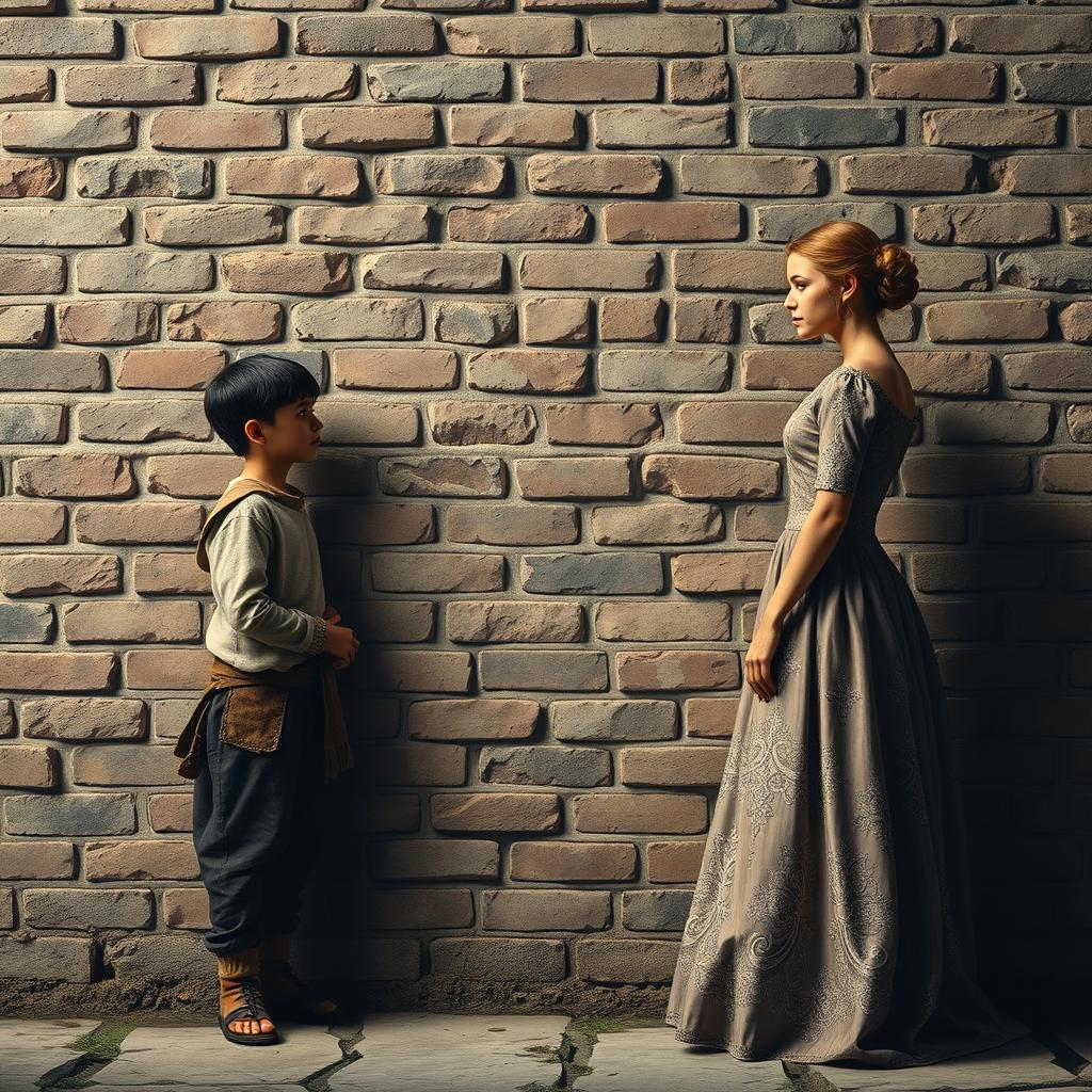 A scene depicting a brick wall standing tall and imposing, separating a commoner and a princess of the same age