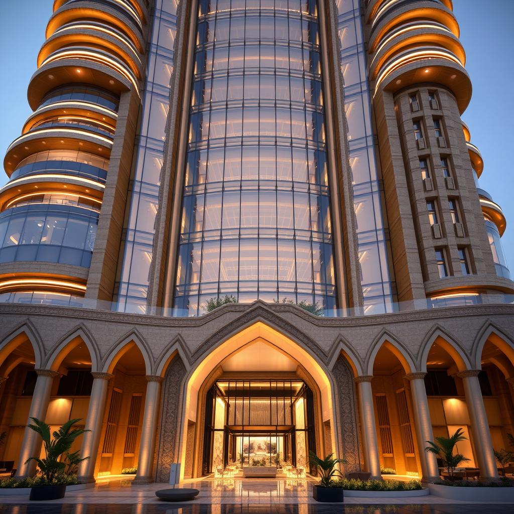A grand and luxurious tower design combining postmodern and traditional Iranian architecture, featuring flowing curves and inspiration from Persepolis