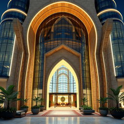 A grand and luxurious tower design combining postmodern and traditional Iranian architecture, featuring flowing curves and inspiration from Persepolis