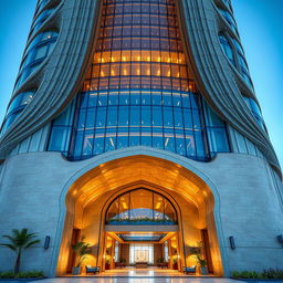 A grand and luxurious tower design combining postmodern and traditional Iranian architecture, featuring flowing curves and inspiration from Persepolis