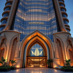 A grand and luxurious tower design combining postmodern and traditional Iranian architecture, featuring flowing curves and inspiration from Persepolis
