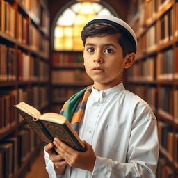 A smart, young Islamic boy holding a book, with a thoughtful expression on his face, showcasing his intelligence and curiosity