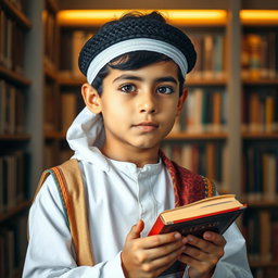 A smart, young Islamic boy holding a book, with a thoughtful expression on his face, showcasing his intelligence and curiosity