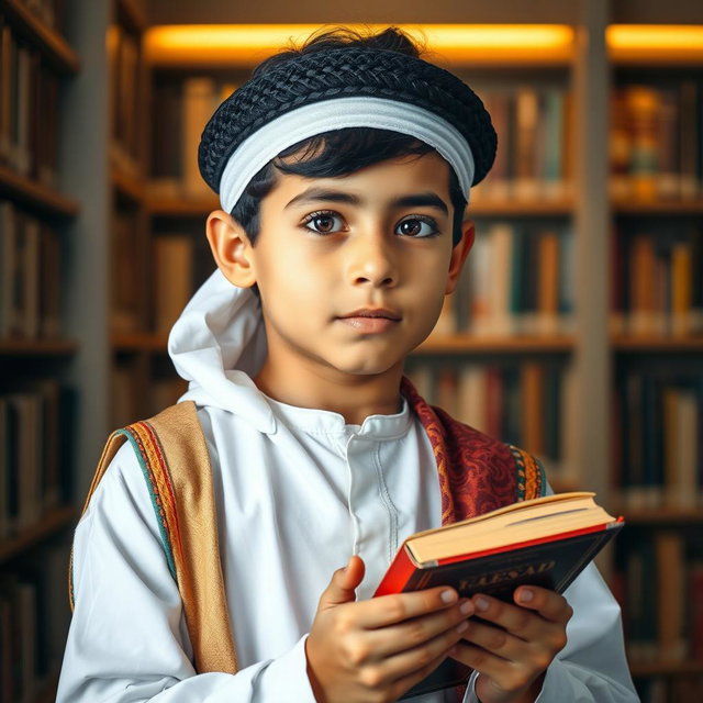 A smart, young Islamic boy holding a book, with a thoughtful expression on his face, showcasing his intelligence and curiosity