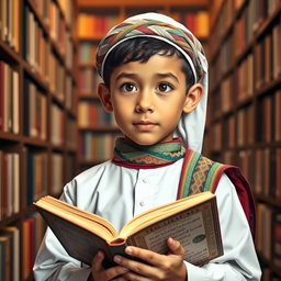 A smart, young Islamic boy holding a book, with a thoughtful expression on his face, showcasing his intelligence and curiosity