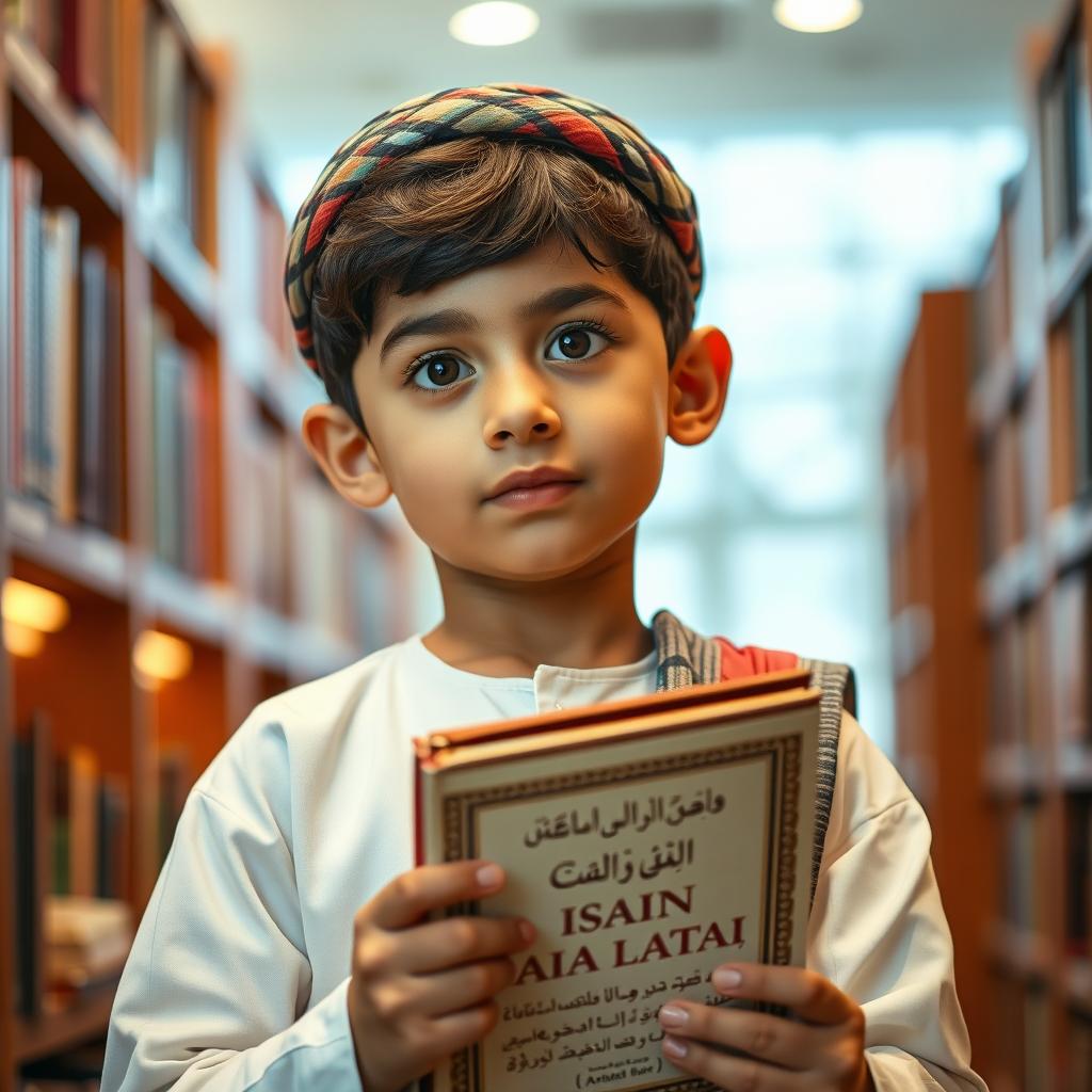 A smart, young Islamic boy holding a book, with a thoughtful expression on his face, showcasing his intelligence and curiosity