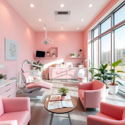 A dental clinic interior designed with a pastel pink theme, featuring comfortable dental chairs, modern dental equipment, and vibrant decorations