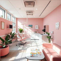 A dental clinic interior designed with a pastel pink theme, featuring comfortable dental chairs, modern dental equipment, and vibrant decorations