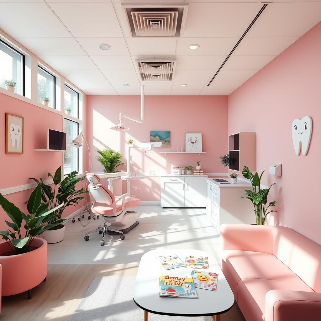 A dental clinic interior designed with a pastel pink theme, featuring comfortable dental chairs, modern dental equipment, and vibrant decorations