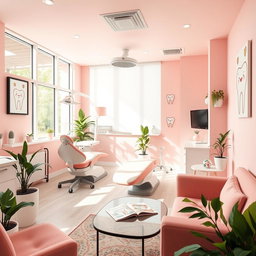 A dental clinic interior designed with a pastel pink theme, featuring comfortable dental chairs, modern dental equipment, and vibrant decorations