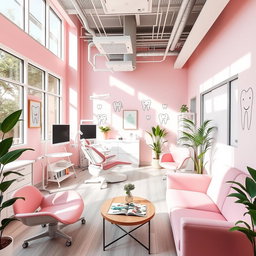 A dental clinic interior designed with a pastel pink theme, featuring comfortable dental chairs, modern dental equipment, and vibrant decorations