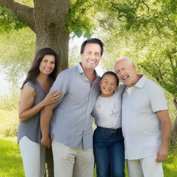 A heartwarming scene of a happy man beaming with joy in a group pose with his smiling family in a comfortable, natural setting.