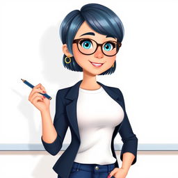 A Disney Pixar-style illustration of a pretty female teacher character, age 50, with a youthful appearance
