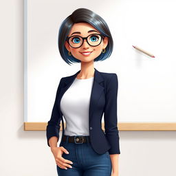 A Disney Pixar-style illustration of a pretty female teacher character, age 50, with a youthful appearance