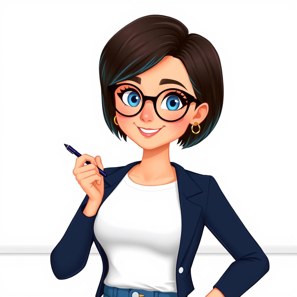 A Disney Pixar-style illustration of a pretty female teacher character, age 50, with a youthful appearance