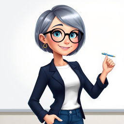 A Disney Pixar-style illustration of a pretty female teacher character, age 50, with a youthful appearance