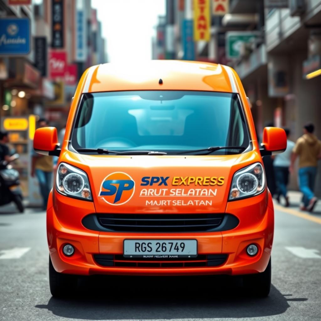 An eye-catching orange mini blind van featuring the logo "SPX EXPRESS ARUT SELATAN" prominently displayed on its side