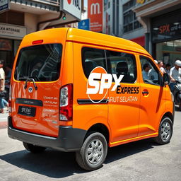 An eye-catching orange mini blind van featuring the logo "SPX EXPRESS ARUT SELATAN" prominently displayed on its side