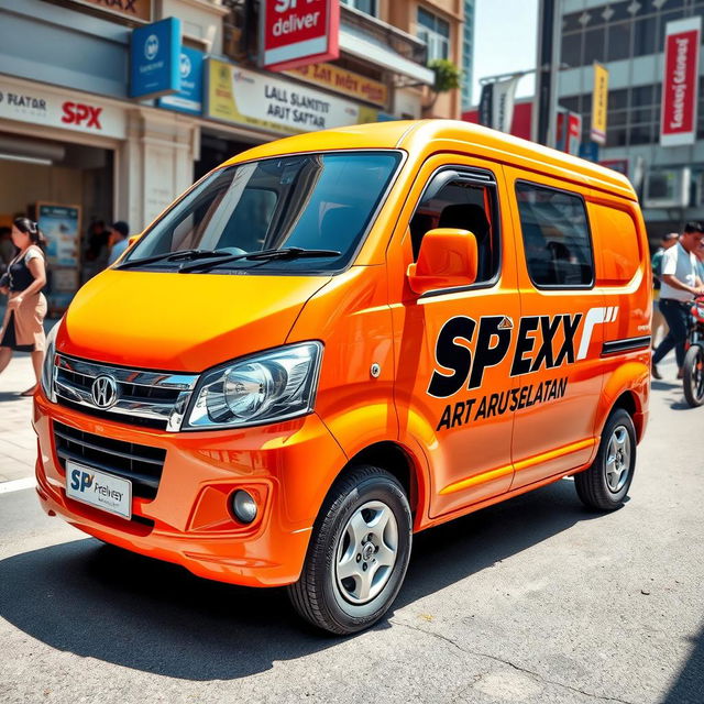 An eye-catching orange mini blind van featuring the logo "SPX EXPRESS ARUT SELATAN" prominently displayed on its side