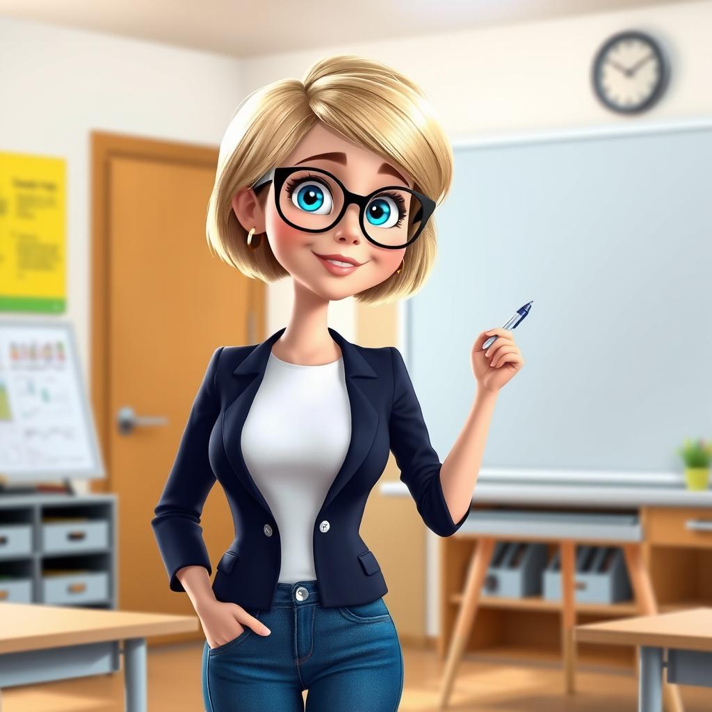 A Disney Pixar-style character of a pretty 50-year-old female teacher