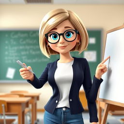 A Disney Pixar-style character of a pretty 50-year-old female teacher